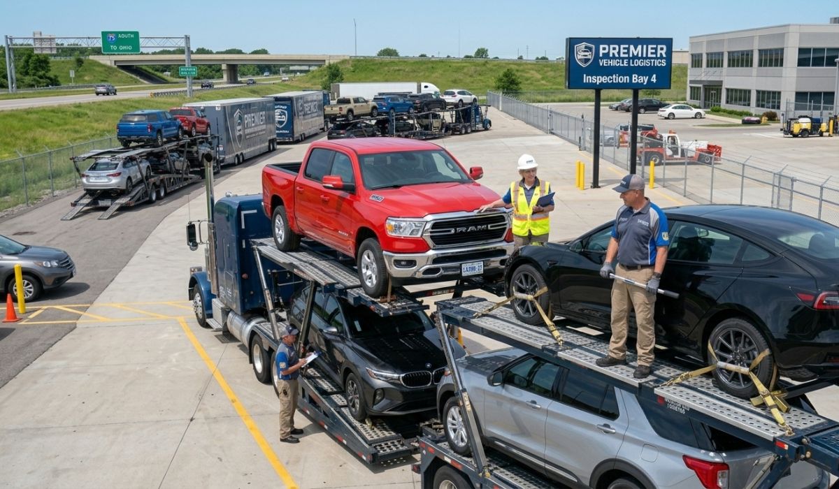 Reliable auto transport company preparing vehicles for shipping