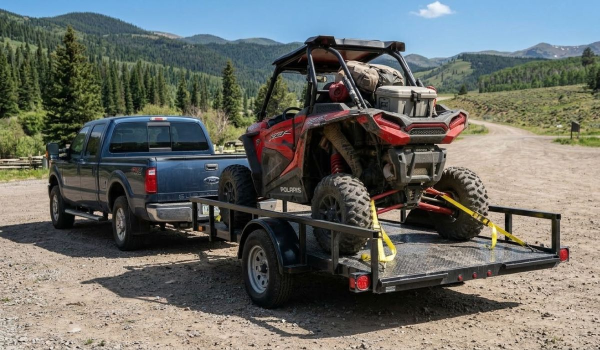 Side-by-side transport on a trailer with secure straps and balanced weight
