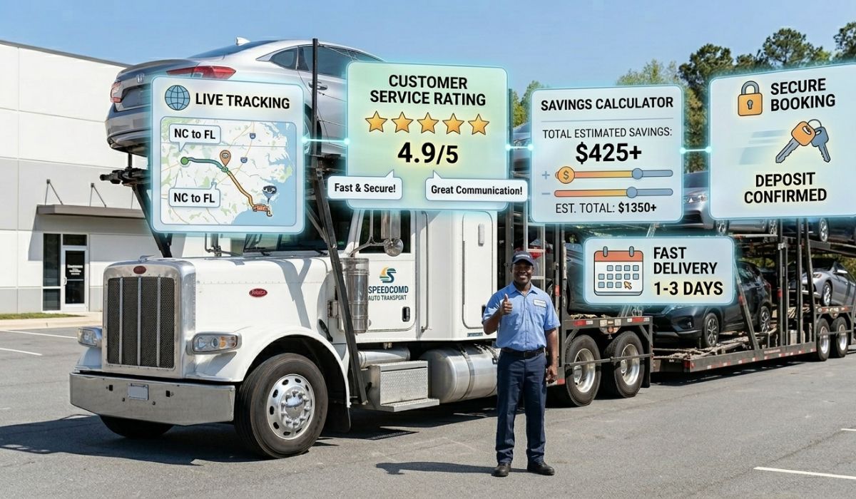 SpeedComd car transport truck delivering vehicles safely from North Carolina to Florida.