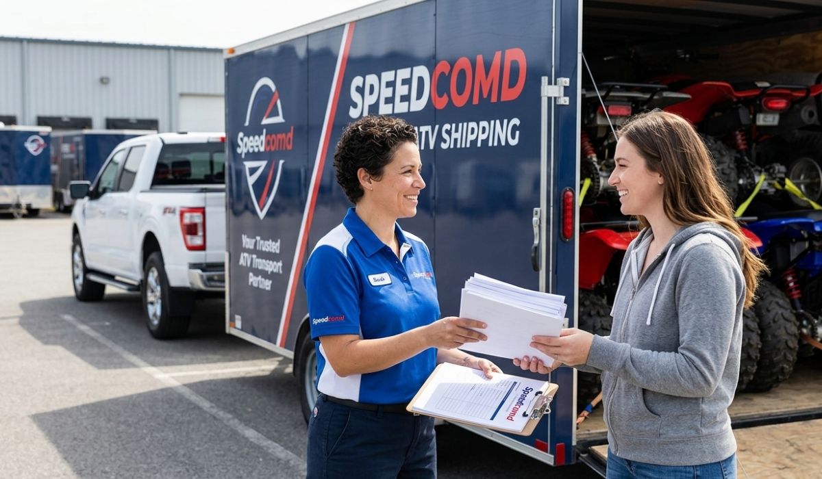 Speedcomd logistics specialist assisting a customer with ATV transport services and delivery paperwork