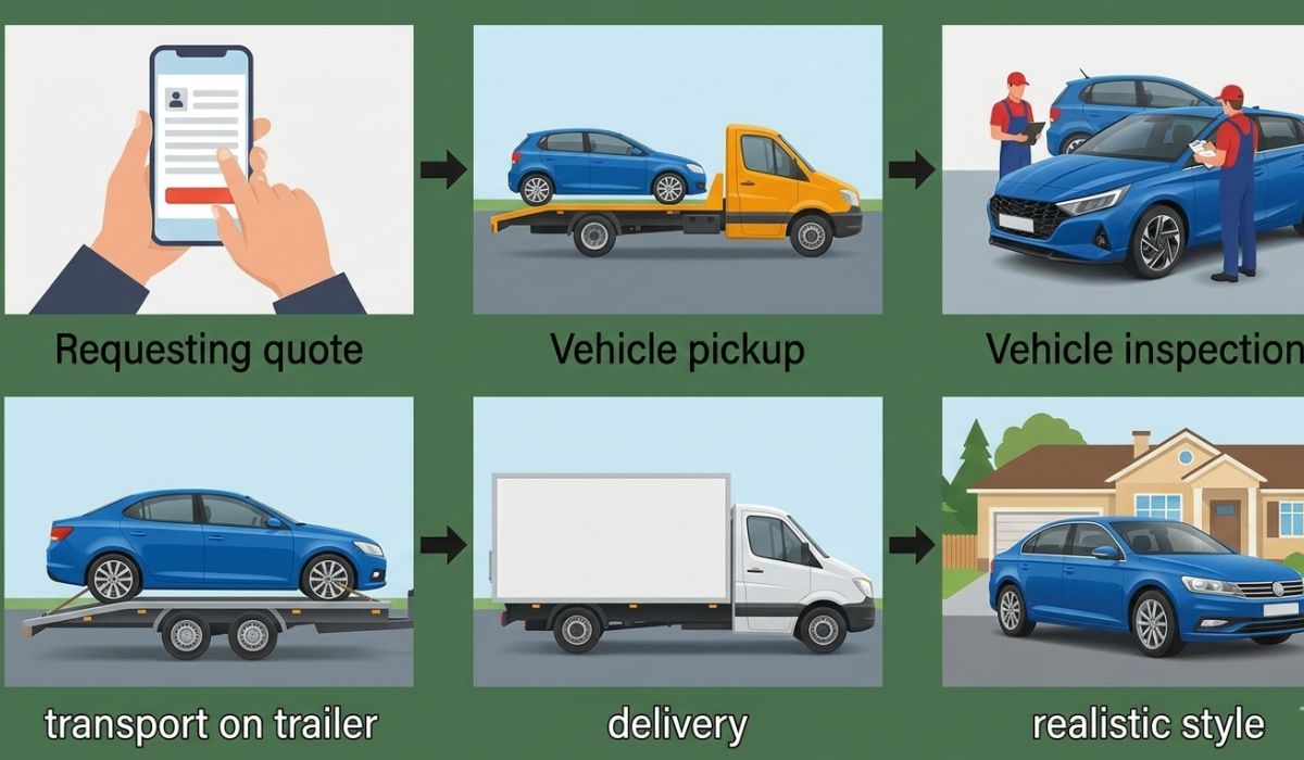 Step-by-step cross country auto shipping process with vehicle pickup and delivery