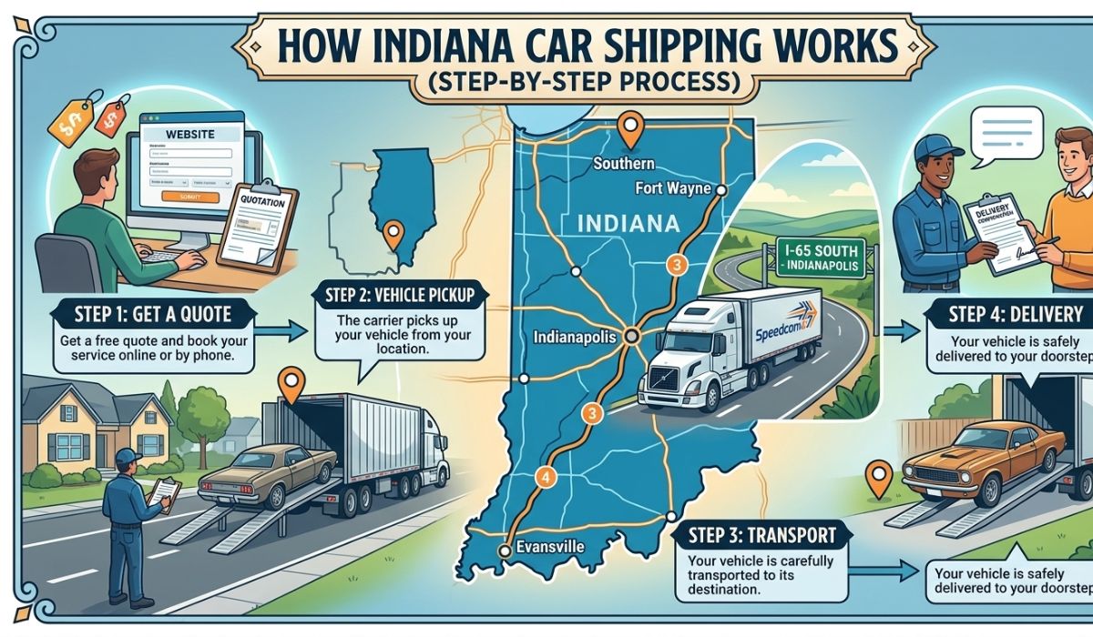 Step-by-step Indiana car shipping process with vehicle pickup and delivery.
