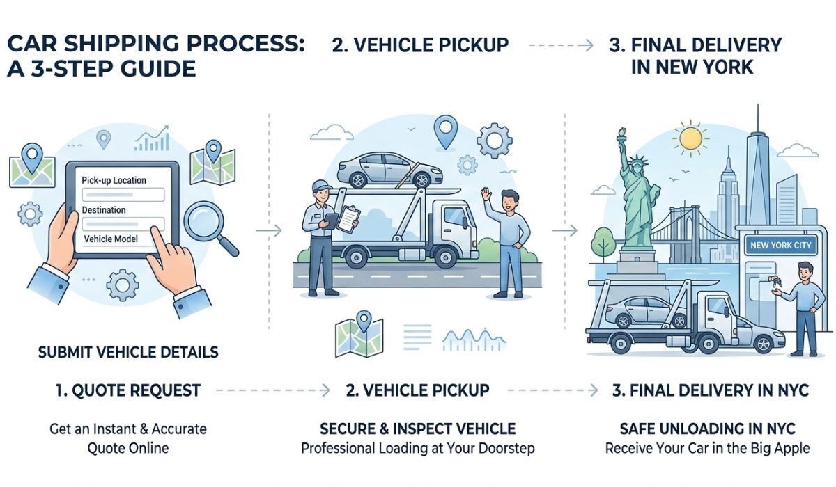 Step by step Nebraska to New York car shipping process infographic