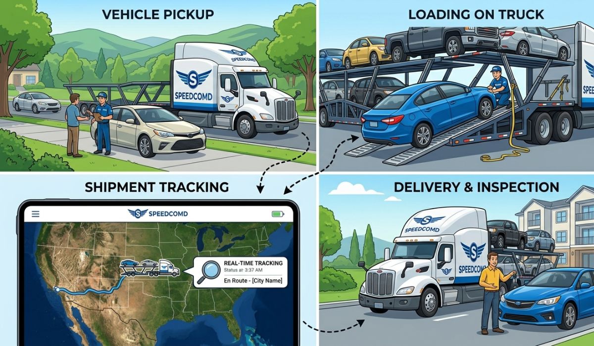 Step-by-step process of Arkansas to Colorado auto transport, including pickup, transport, tracking, and delivery