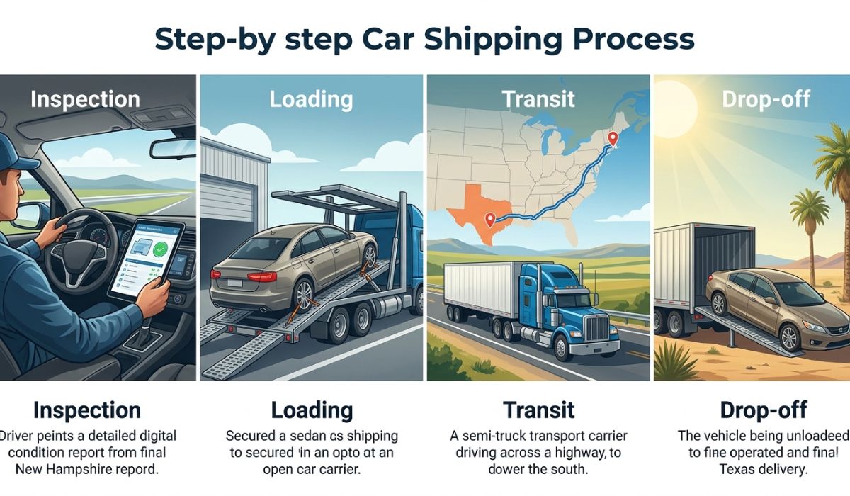 Step-by-step vehicle transport process from New Hampshire to Texas