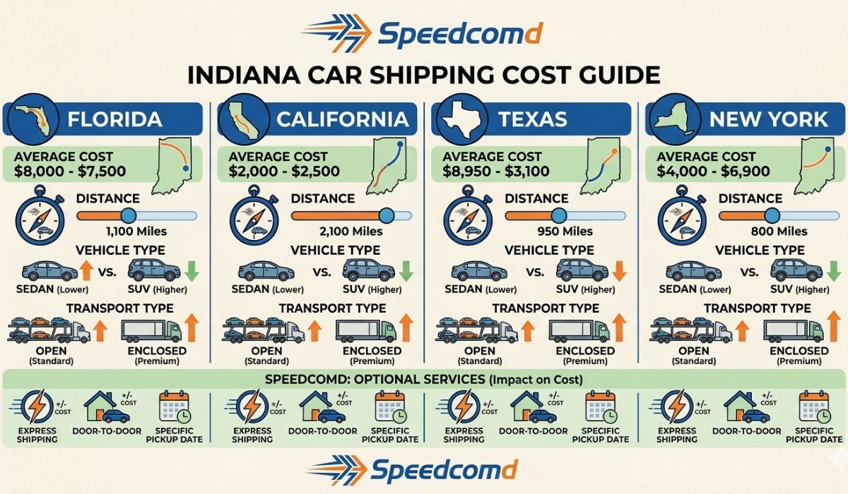 Table of car shipping cost Indiana for major routes with price ranges.
