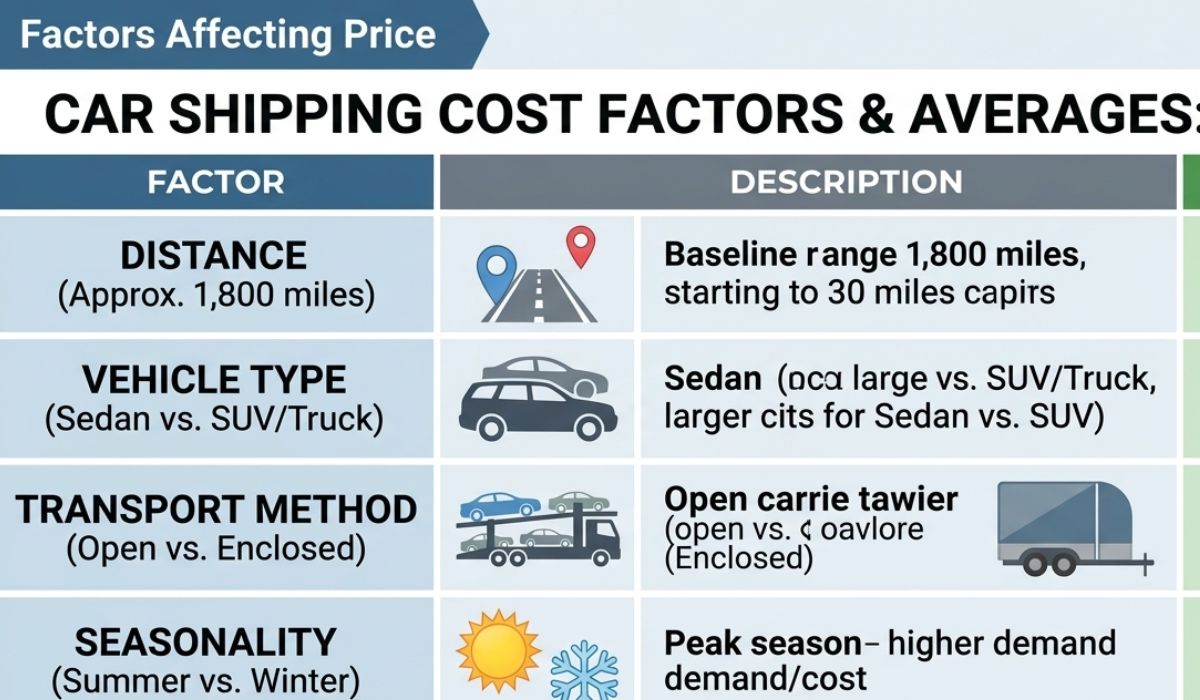Table showing auto transport pricing for New Hampshire to Texas car shipping