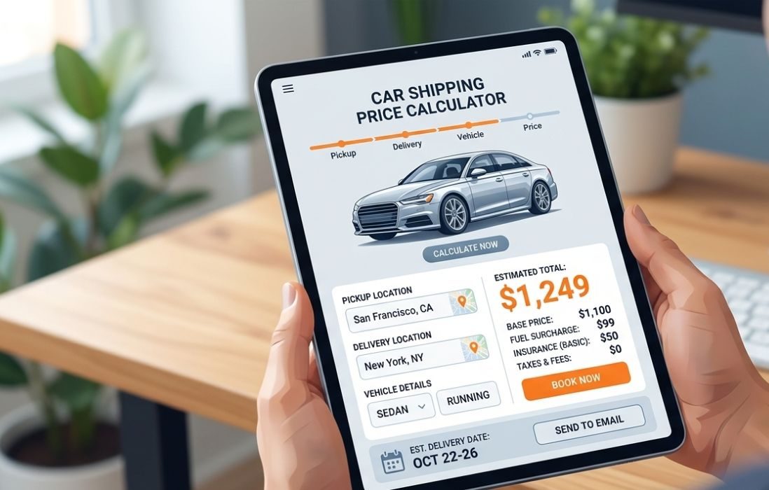 Tablet displaying car shipping price calculator for California to West Virginia
