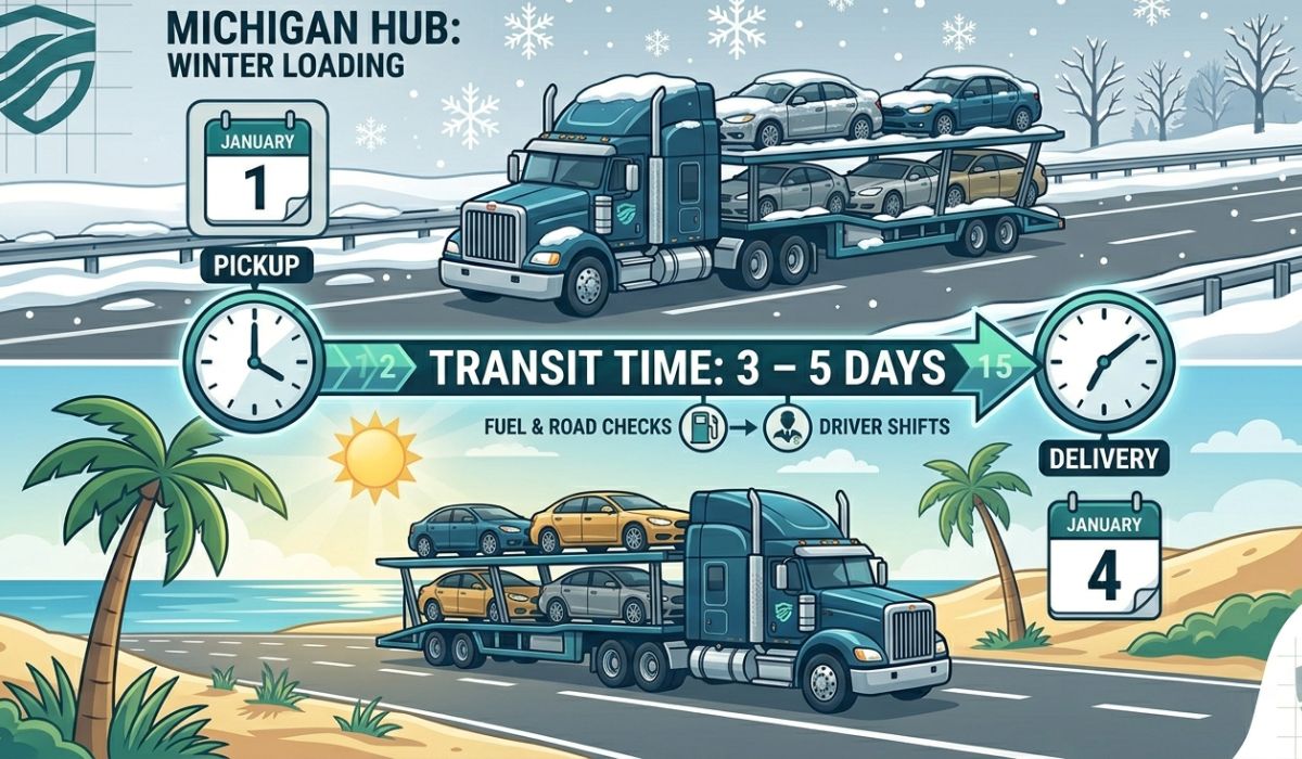 Transit time for michigan to florida auto transport showing long distance delivery timeline