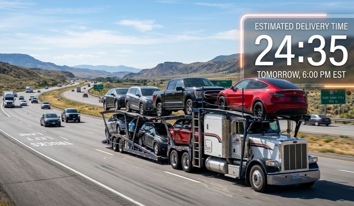 Transport truck on highway illustrating estimated delivery time from California to West Virginia