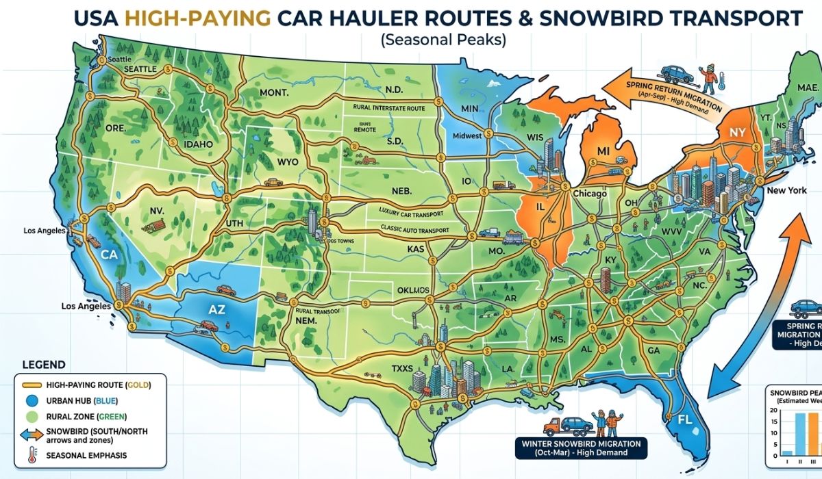USA map showing high-demand car hauling routes and seasonal income zones