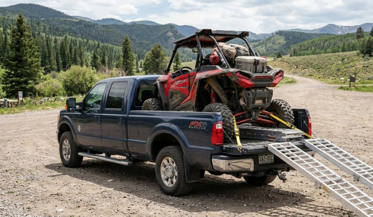 UTV being hauled on a truck bed with ramps and secure tie-downs