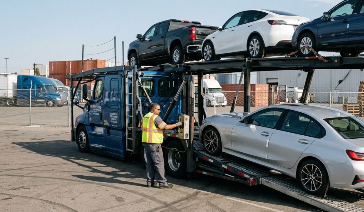 Vehicle being loaded onto a carrier during the professional car shipping process