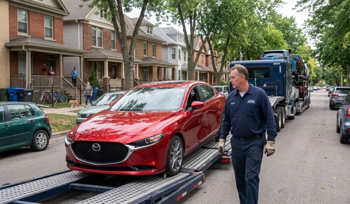 Vehicle being loaded onto an open car carrier by a professional driver for South Dakota auto transport