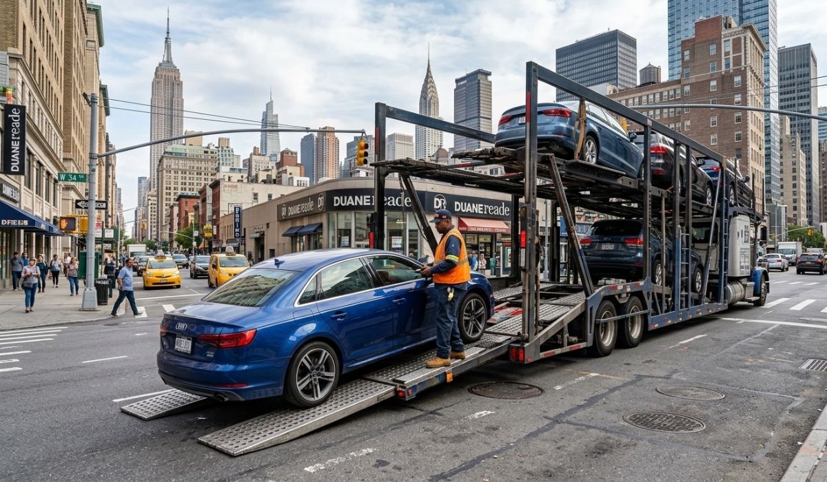 Vehicle delivery from car transport carrier in New York