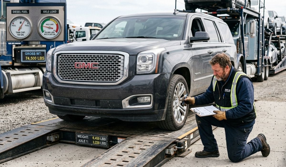 Vehicle inspection highlighting car shipping cost factors like size, weight, and fuel cost impact.
