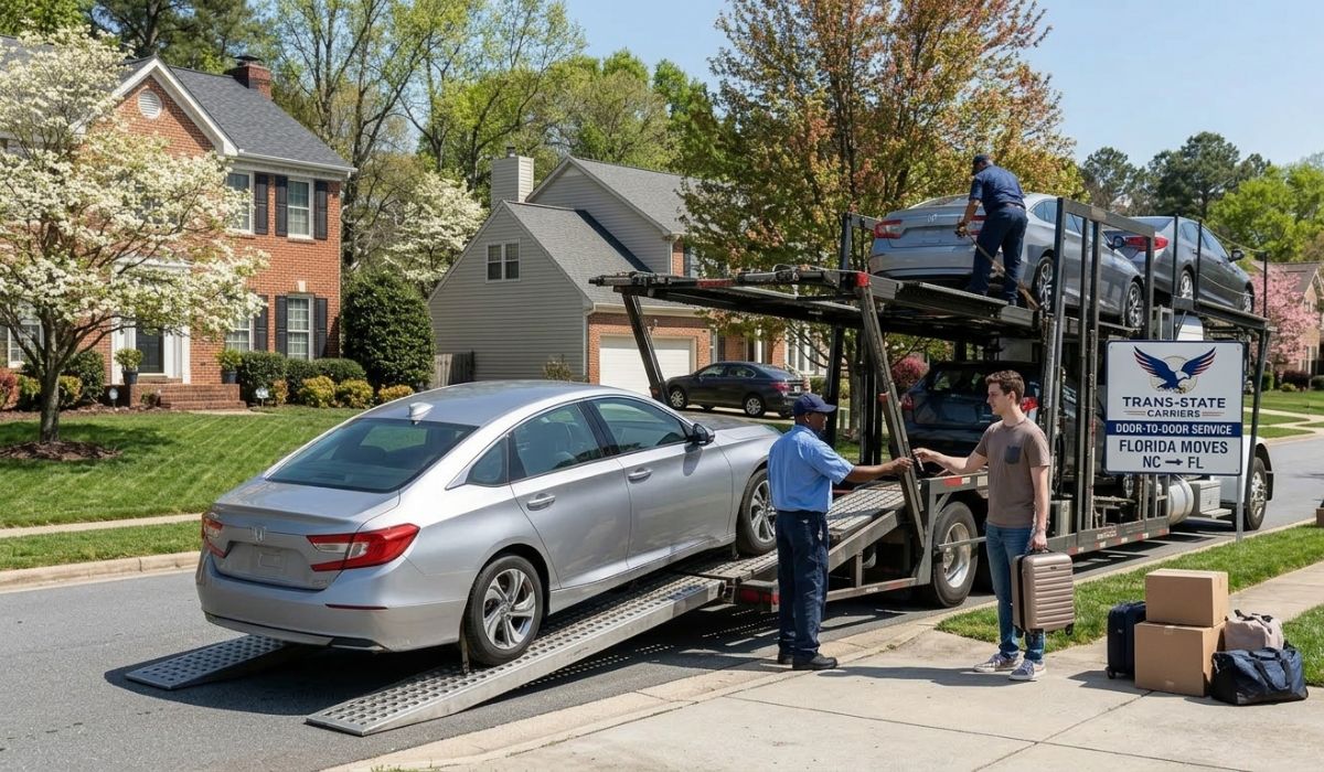 Vehicle pickup at a North Carolina home for door-to-door car shipping to Florida