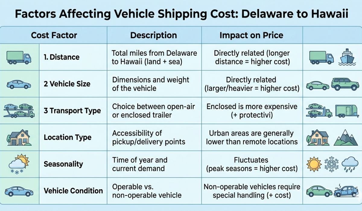 Vehicle shipping cost factors for Delaware to Hawaii auto transport