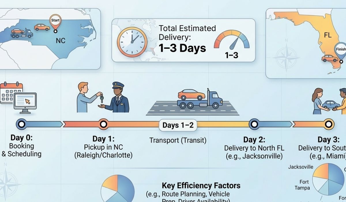 Vehicle shipping timeline illustration for North Carolina to Florida car transport
