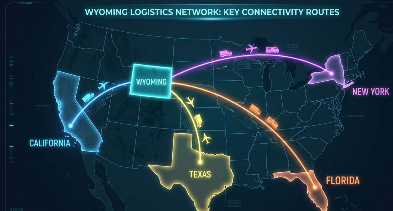 Cross country car shipping routes from Wyoming to major US states map.