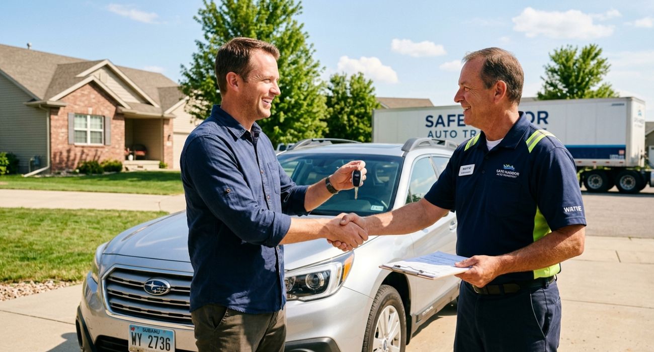 Customer receiving delivered car from professional Wyoming auto transport service.