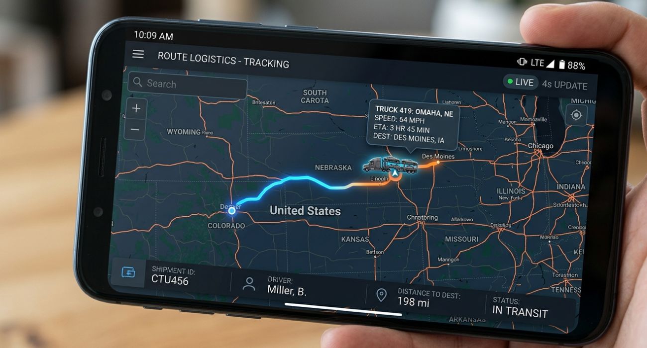 Real-time vehicle tracking for Wyoming car shipping services on mobile app.