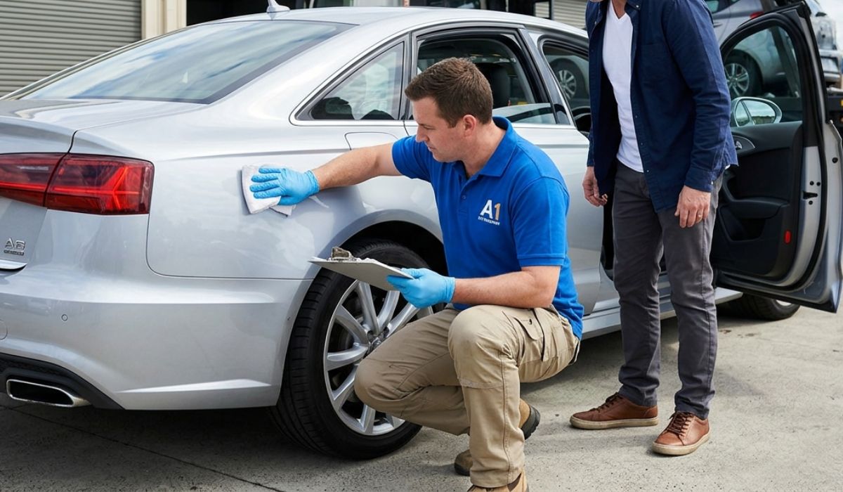 A person inspecting and cleaning a car before transport