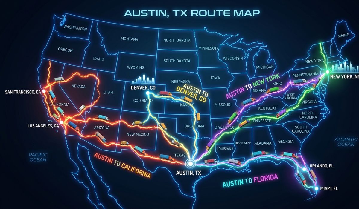 Austin auto transport routes showing car shipping time and distance examples