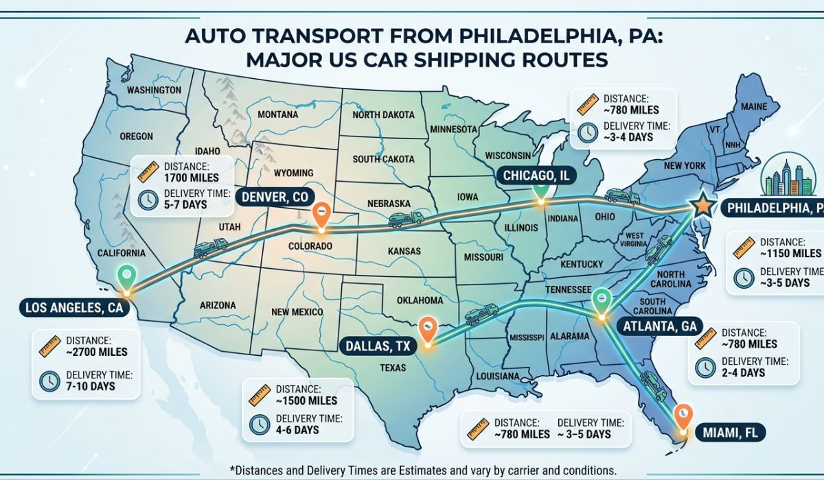 car shipping philadelphia cost and delivery time routes map