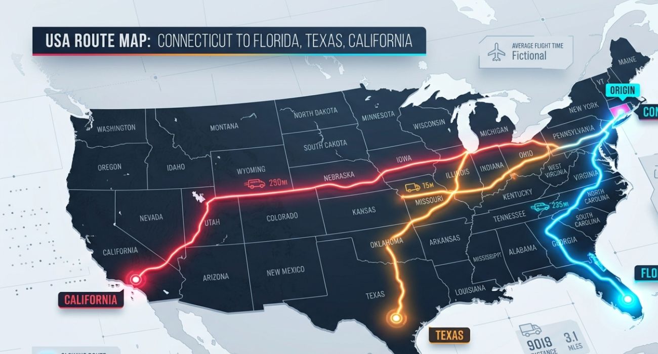 Car shipping routes from Connecticut to other US states map visualization