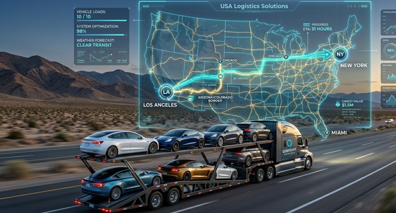 Car Transport Truck in Los Angeles City Streets