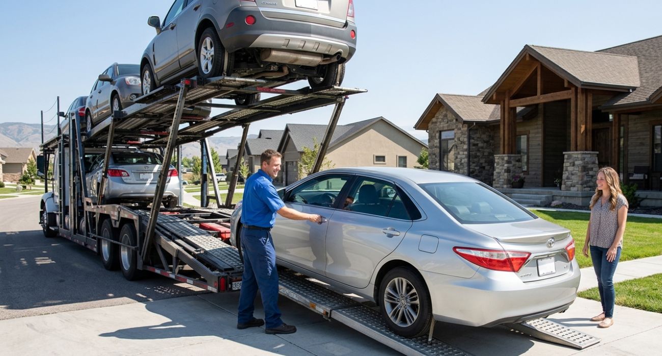 Door-to-door car shipping pickup at Wyoming home by professional driver.