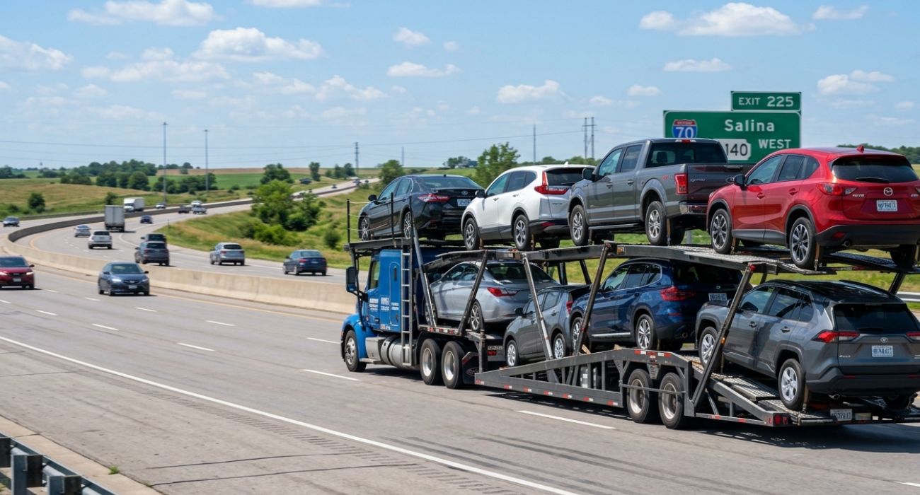 open car transport trailer carrying multiple vehicles
