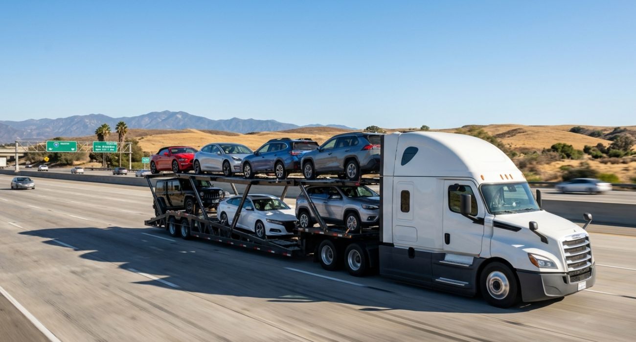 Open Car Transport Truck Loaded with Vehicles