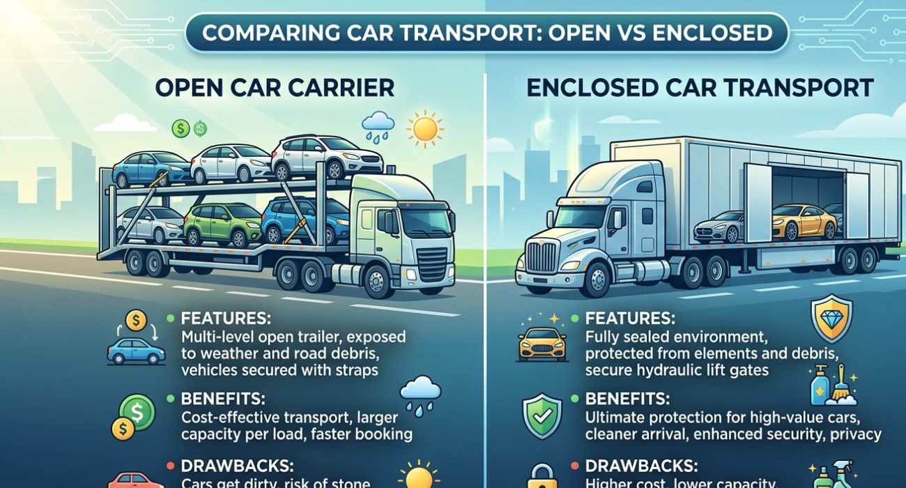 Open vs enclosed car transport comparison for Wyoming auto shipping services.