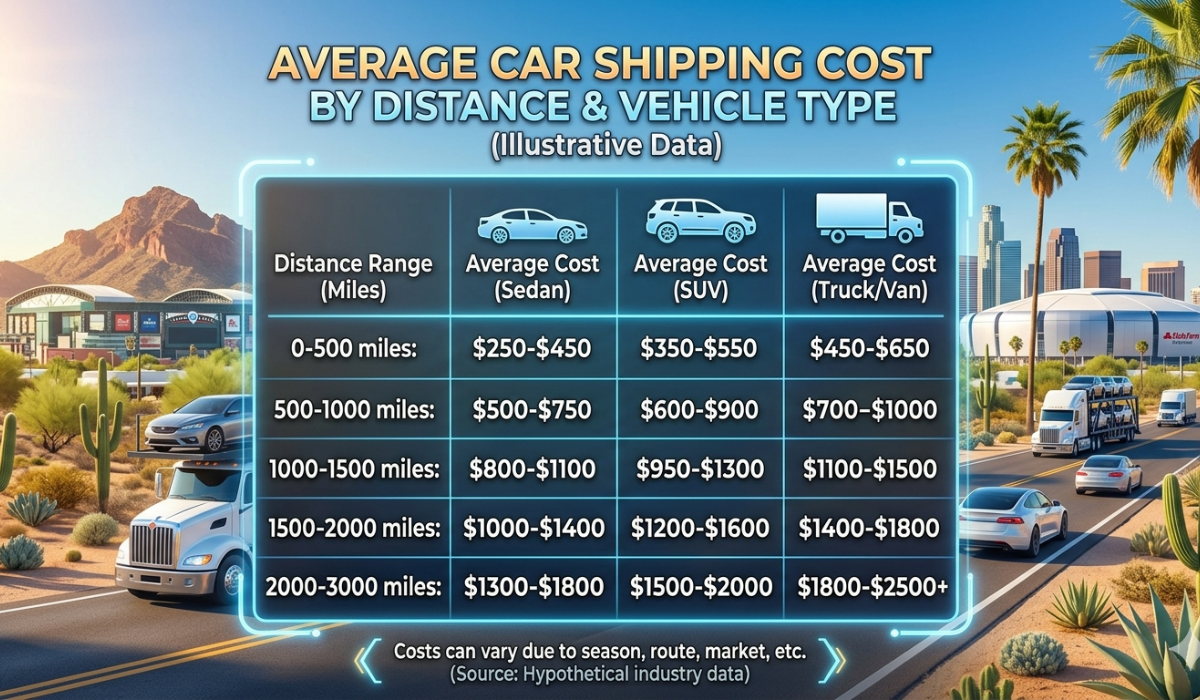 Phoenix car shipping cost comparison by vehicle type and distance.