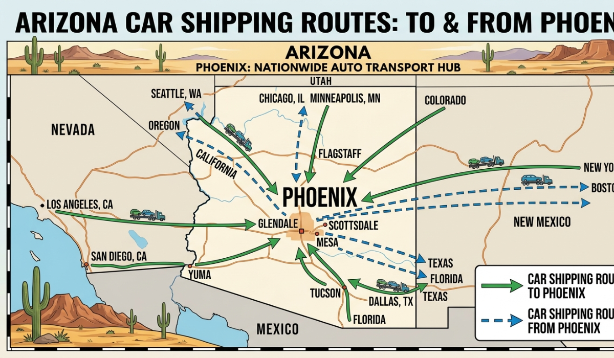 Phoenix vehicle transport routes showing car shipping to and from Arizona.