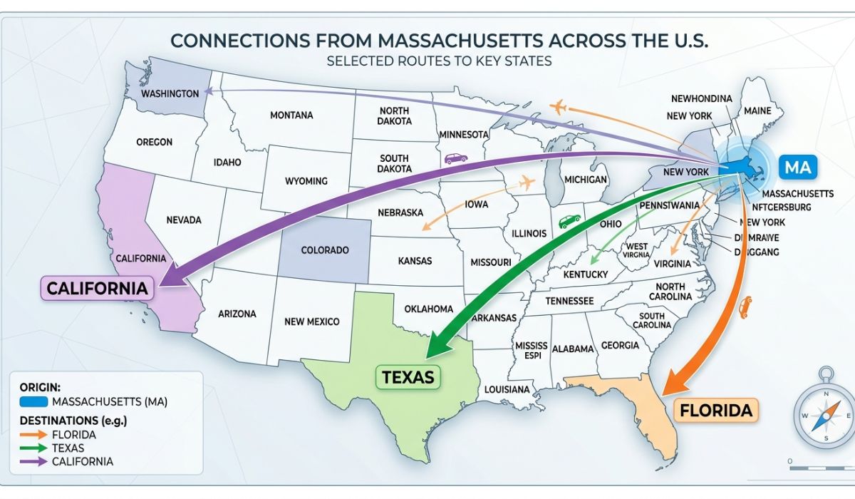 A U.S. map with arrows from Massachusetts to states like Florida, California, and Texas