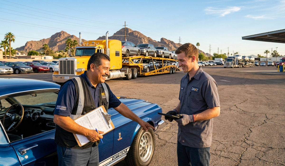 Professional car shipping company staff ensuring safe vehicle transport in Phoenix