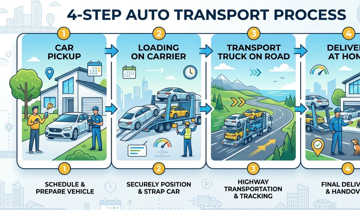 step by step car transport Oregon shipping process infographic