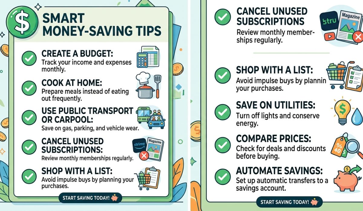 A checklist with money-saving tips and a dollar sign icon
