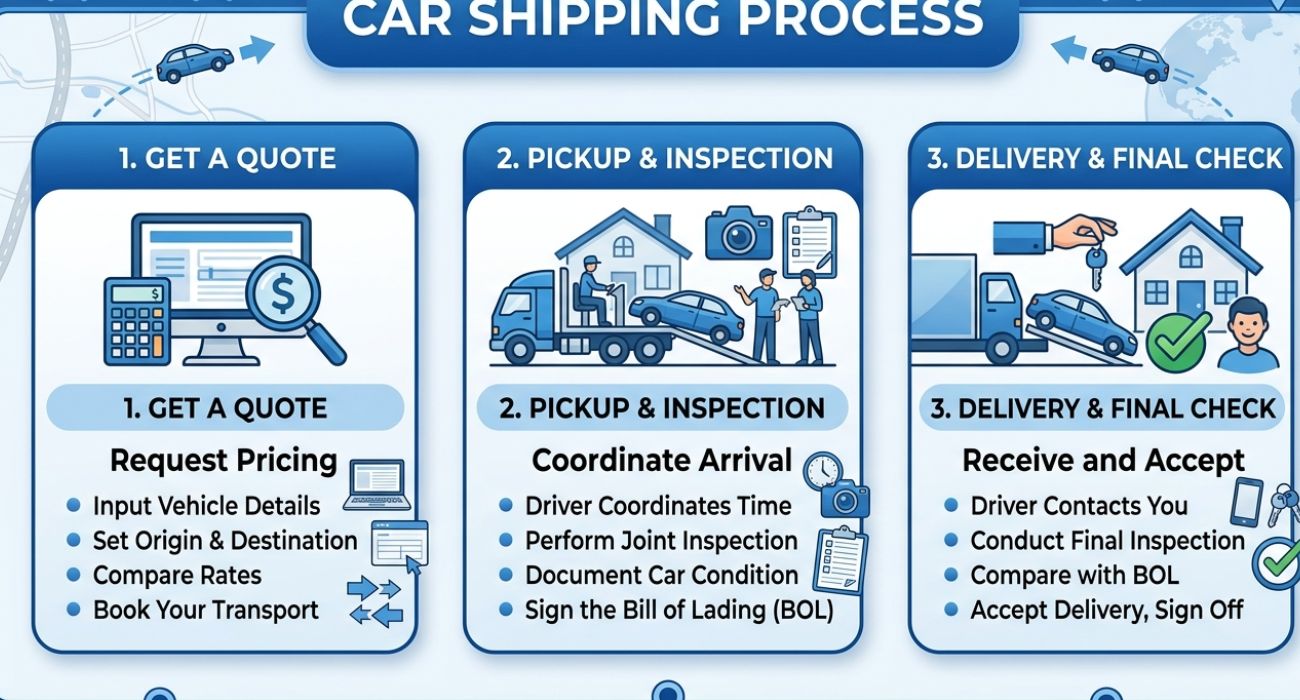 vehicle transport process showing quote pickup and delivery steps