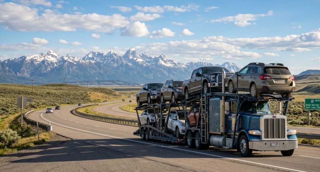 Wyoming car carrier truck transporting vehicles on highway through mountains.