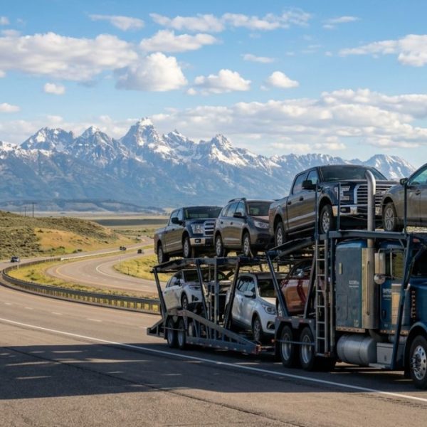 Wyoming car carrier truck transporting vehicles on highway through mountains.