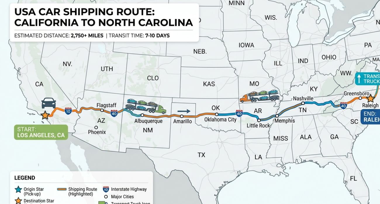 California to North Carolina auto transport route map