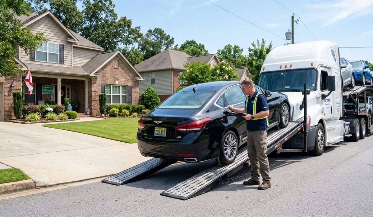 Driver delivering car directly to customer home driveway