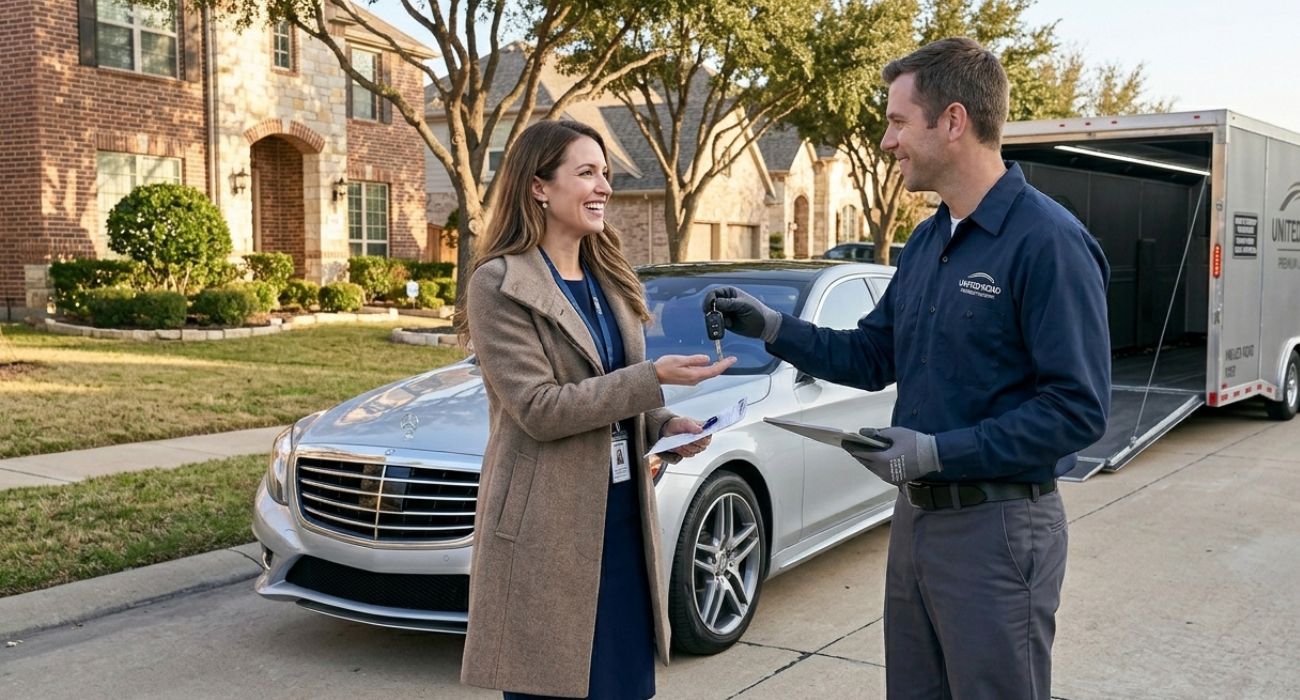 Car being delivered to a home driveway by transport truck