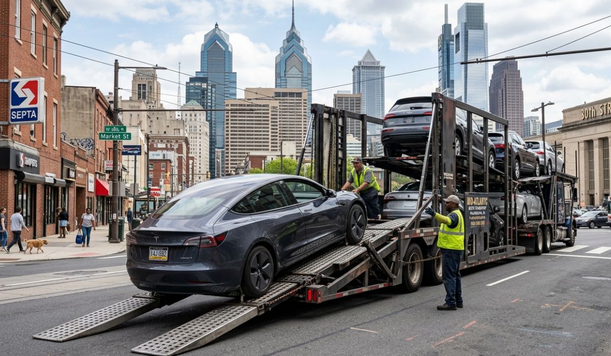 Car being loaded onto auto transport truck for Houston to Los Angeles delivery service process