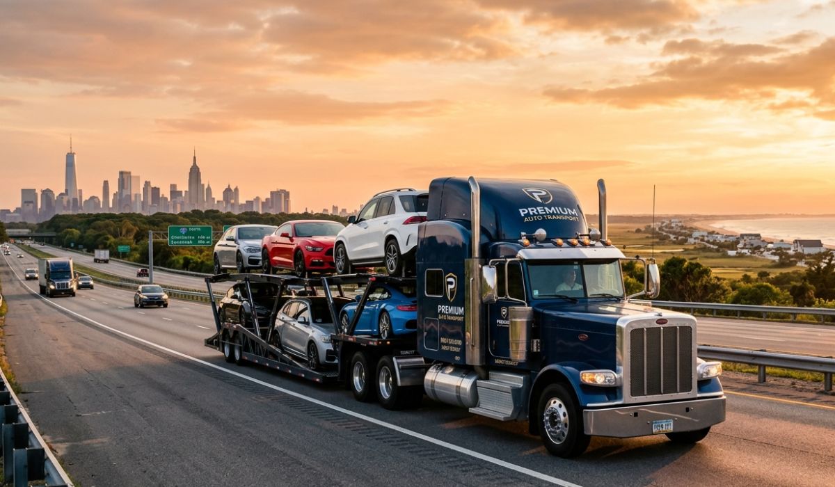 Car carrier driving on major USA highways I-76 I-70 I-90 for Pennsylvania to Illinois auto transport service.