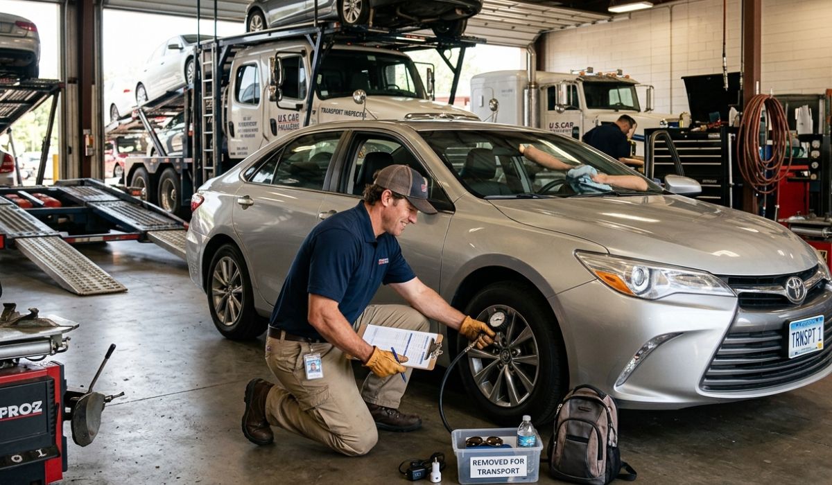 Car inspection before shipping Georgia to California showing damage check and documentation
